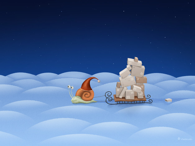 Обои картинки фото рисованные, vladstudio, улитка, снег, сани