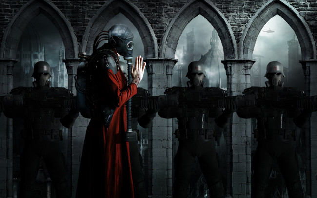 Обои картинки фото фэнтези, роботы, киборги, механизмы, стража, арки, противогазы