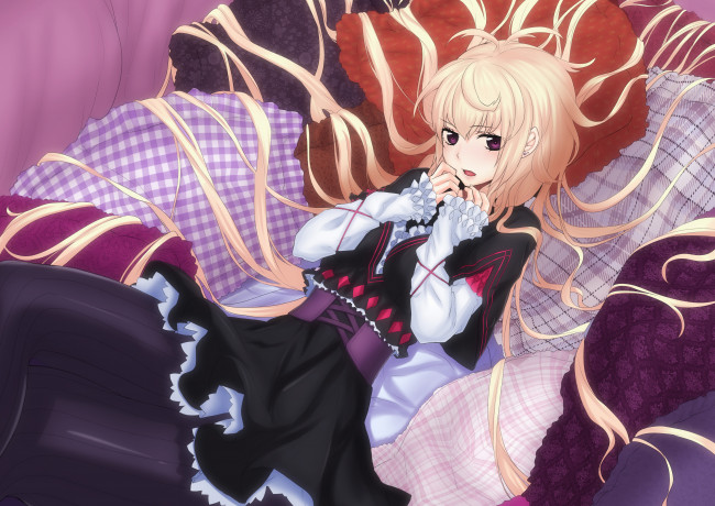 Обои картинки фото by, lemoo, аниме, *unknown, другое, девушка, подушки, платье, волосы