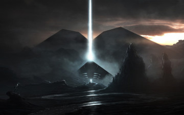 Картинка фэнтези транспортные+средства art скалы пирамида фантастика ночь пейзаж свет