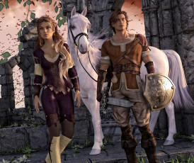 Картинка 3д+графика люди+ people парень фон лошадь взгляд оружие девушка