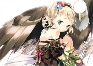 Картинка аниме животные +существа трава орел птица гетерохромия ленты девушка hajida арт