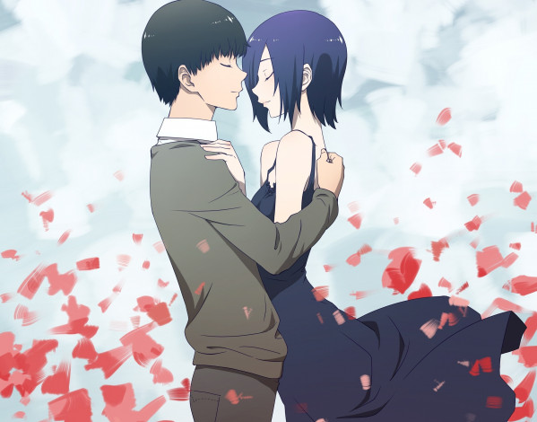 Обои картинки фото tokyo ghoul, аниме, парень, лепестки, фон, девушка, взгляд