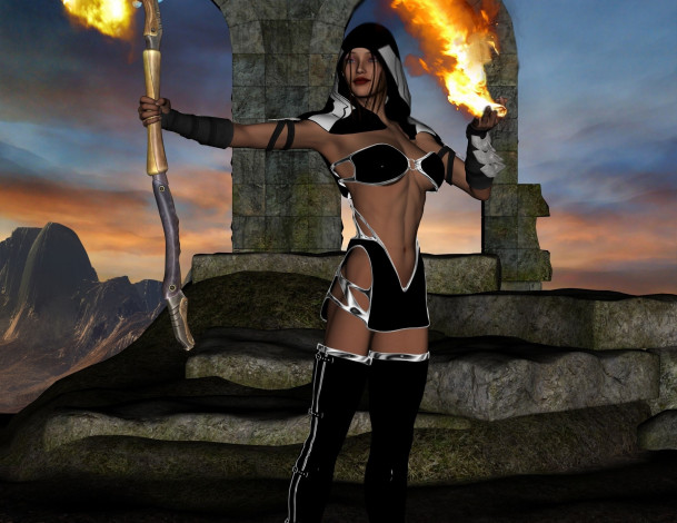 Обои картинки фото 3д графика, фантазия , fantasy, девушка, магия, фон, взгляд