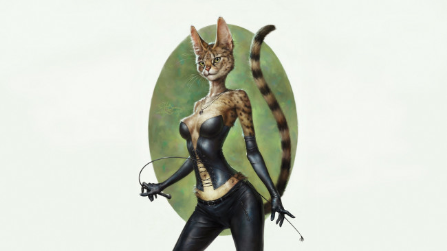 Обои картинки фото фэнтези, существа, art, арт, рисунок, furry, фурри, girl, девушка, sexy, секси, fluffy, пушистая, cat, кошка, tail, хвост, ears, ушки, leather, кожа, gloves, перчатки, corset, корсет, whip, хлыст, by, eldarzakirov