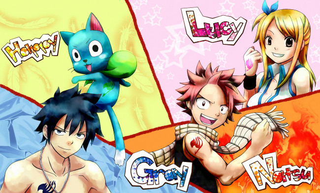 Обои картинки фото аниме, fairy tail, кот, natsu, gray, happy, чародей, lucy, маг, волшебники