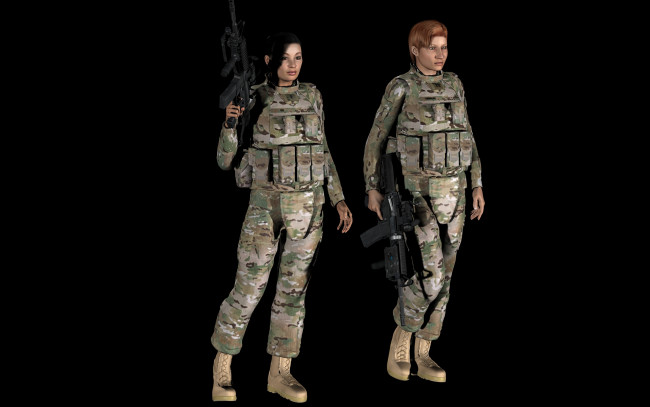 Обои картинки фото 3д графика, армия , military, форма, взгляд, автомат, фон, девушки
