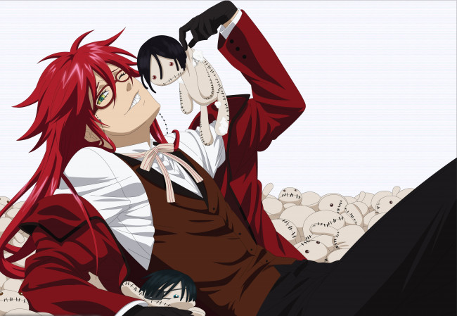 Обои картинки фото аниме, kuroshitsuji, тёмный, дворецкий, улыбка, греель, садклиф