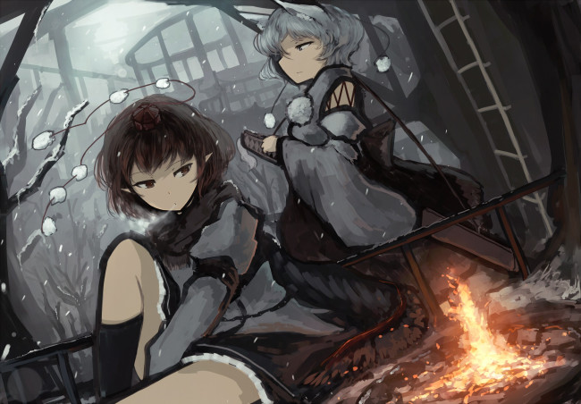 Обои картинки фото аниме, touhou, арт, девочки, inubashiri, momiji, shameimaru, aya, mifuru