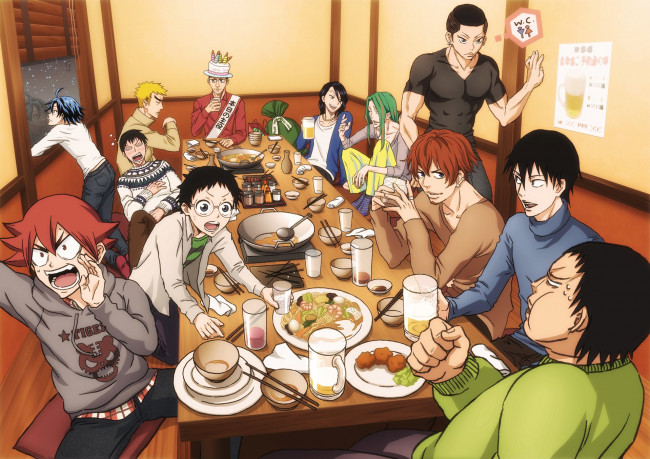 Обои картинки фото аниме, yowamushi pedal, фон, парни, группа