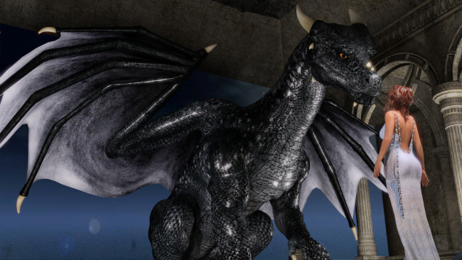 Обои картинки фото 3д графика, фантазия , fantasy, девушка, взгляд, фон, дракон