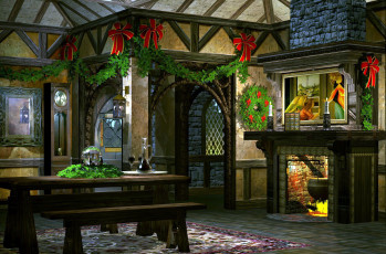 Картинка праздничные новогодний+очаг украшения котел стол камин