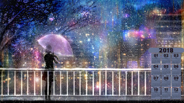 Картинка календари рисованные +векторная+графика зонт девушка 2018