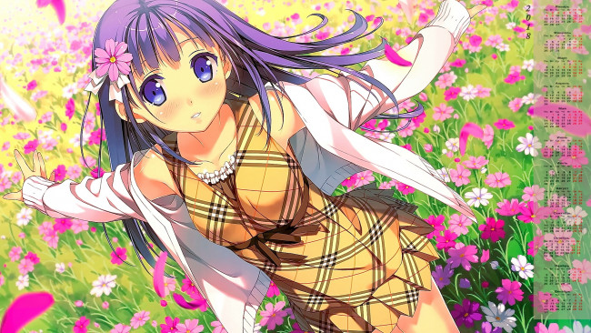 Обои картинки фото календари, аниме, девушка, 2018, цветы, взгляд