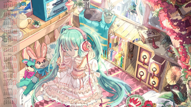 Обои картинки фото календари, аниме, мебель, игрушки, кошка, 2018, девочка, наушники