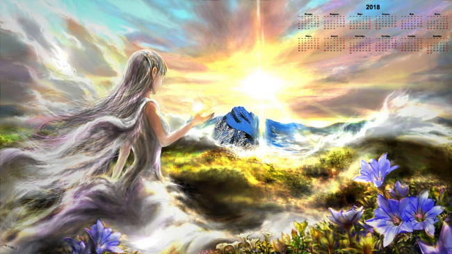 Обои картинки фото календари, фэнтези, солнце, гора, цветы, 2018, девушка