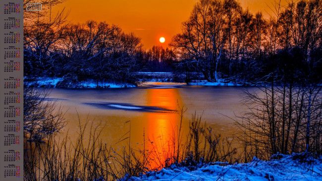 Обои картинки фото календари, природа, водоем, 2018, деревья, снег, закат