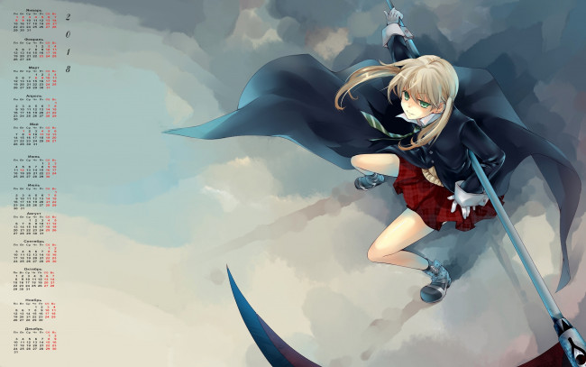 Обои картинки фото календари, аниме, оружие, девушка, взгляд, 2018