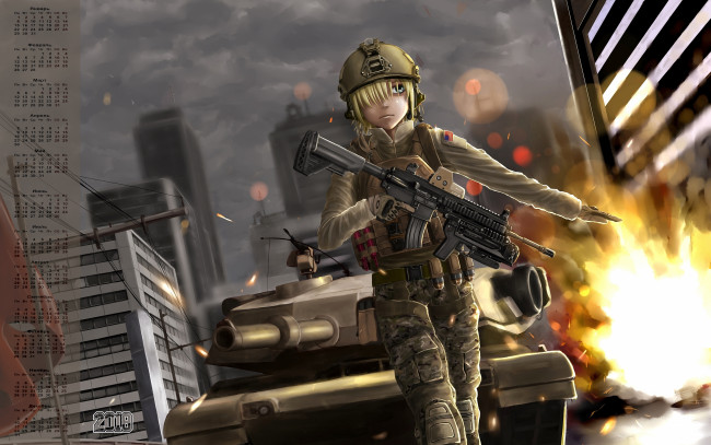 Обои картинки фото календари, аниме, танк, орудие, взгляд, девушка, 2018, взрыв