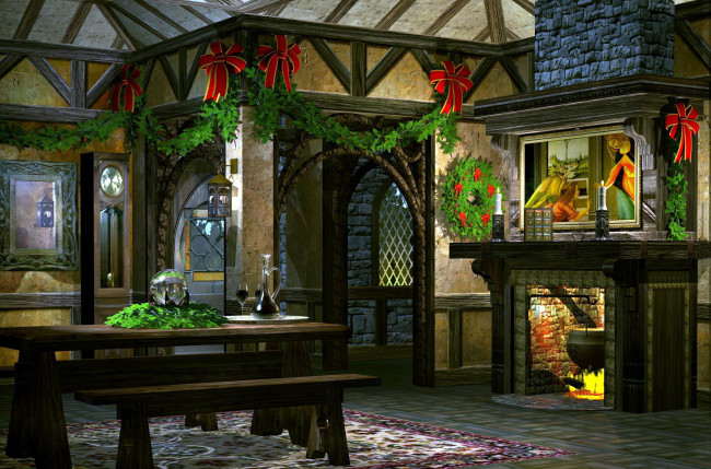 Обои картинки фото праздничные, новогодний очаг, украшения, котел, стол, камин