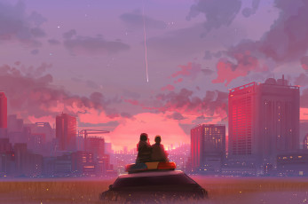 обоя рисованное, денис истомин, город, небо, закат, поляна, люди, машина