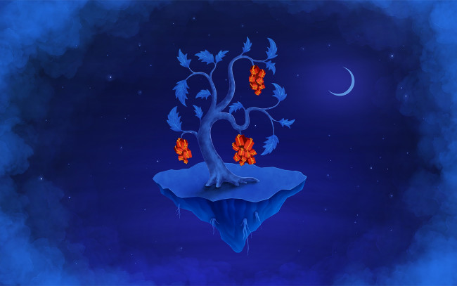 Обои картинки фото рисованное, vladstudio, дерево, подарки, месяц, остров