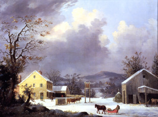 Картинка durrie+jones-in+winterweb рисованное живопись зима снег горы дома деревья сани