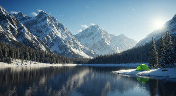 Картинка красота 3д+графика природа+ nature небо облака солнце горы скалы снег зима деревья лес озеро берега палатка зелёная