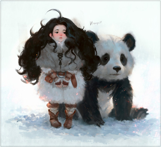Обои картинки фото рисованное, дети, девочка, панда