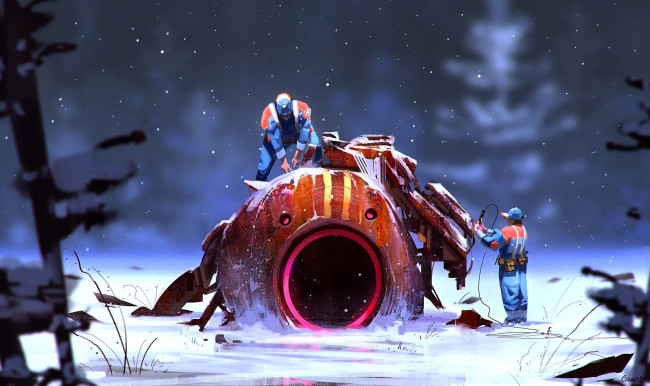 Обои картинки фото фэнтези, роботы,  киборги,  механизмы, техника, люди, ремонт, снег, зима, лес
