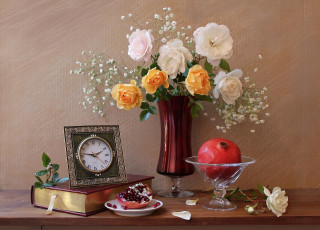 Картинка еда гранат часы розы букет книга