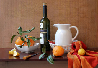 Картинка еда натюрморт лимон мандарины кувшин бутылка