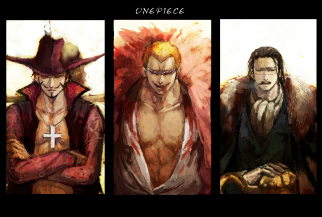Обои картинки фото аниме, one, piece, dracule, mihawk, donquixote, doflamingo, sir, crocodile