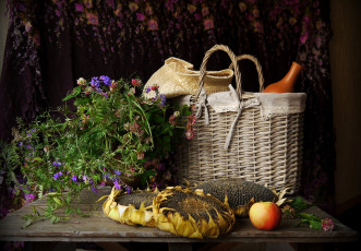 Картинка еда натюрморт семечки яблоко корзина горошек