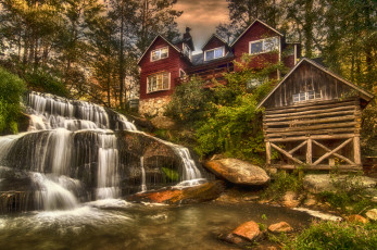 Картинка города -+пейзажи водопад загородный обрыв река дом