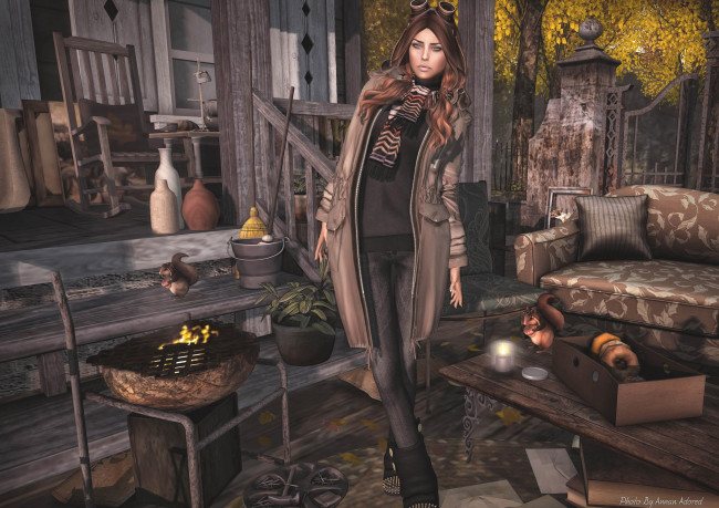 Обои картинки фото 3д графика, people , люди, девушка, двор, белки