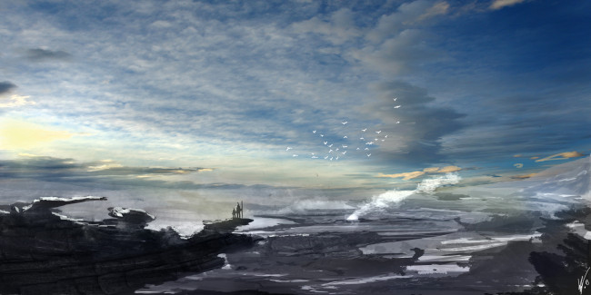 Обои картинки фото фэнтези, иные миры,  иные времена, полет, птицы, красота, природа, пейзаж, любование, люди, облака, небо