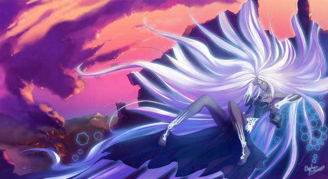 Обои картинки фото фэнтези, девушки, небо, задумчивость, белые, длинные, волосы, девушка, разрушения, богиня