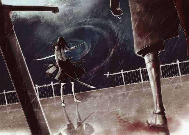 Обои картинки фото фэнтези, люди, мечи, дождь, оружие, парень, шторм