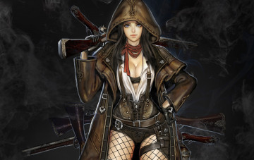 Картинка фэнтези девушки взгляд поза дым оружие девушка арт эротика youngmin suh капюшон