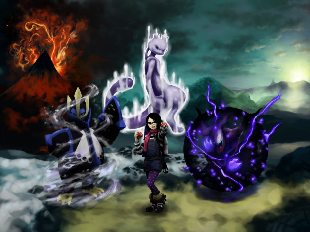 Обои картинки фото аниме, pokemon, pokeball, mewtwo, монстры, тренер, empoleon, вулкан, darkrai