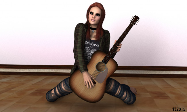 Обои картинки фото 3д графика, люди , people, фон, взгляд, гитара, девушка