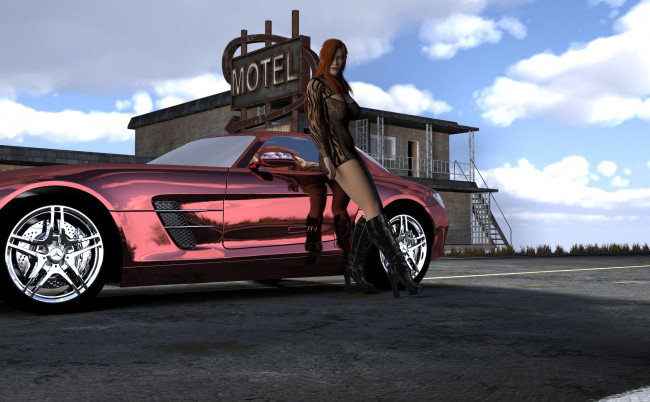 Обои картинки фото автомобили, 3d car&girl, автомобиль, фон, взгляд, девушка