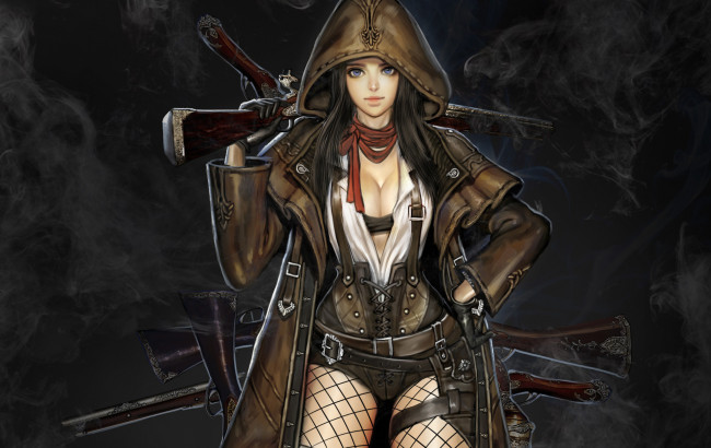 Обои картинки фото фэнтези, девушки, взгляд, поза, дым, оружие, девушка, арт, эротика, youngmin, suh, капюшон