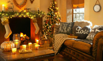 Картинка календари праздники +салюты интерьер елка камин комната свеча