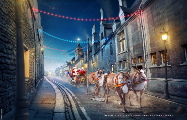 Обои картинки фото календари, праздники,  салюты, здание, фонарь, санта, клаус, олень