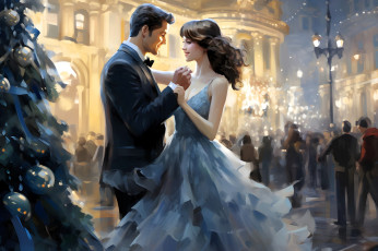 Картинка рисованное люди пара танец ёлка дома новый год