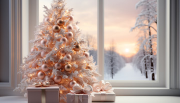 обоя праздничные, ёлки, ёлка, подарки, окно, лес, снег