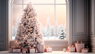 обоя праздничные, ёлки, ёлка, подарки, окно, лес, снег