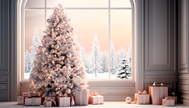 Обои картинки фото праздничные, ёлки, ёлка, подарки, окно, лес, снег